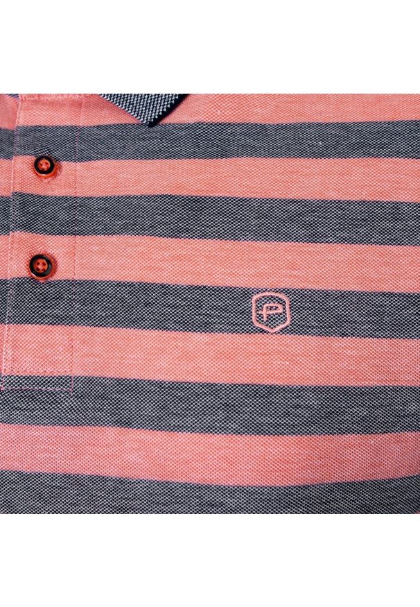 Bawełniana, Męska Koszulka Polo - Pako Jeans - Łososiowe Pasy. Okazja: na co dzień. Typ kołnierza: polo. Kolor: różowy. Materiał: bawełna. Wzór: prążki, paski. Styl: casual