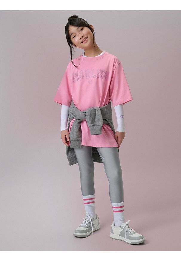 4f - 4F Legginsy dzianinowe z wysokim stanem dziewczęce - srebrne 158/164 (12-14 lat). Okazja: na co dzień. Stan: podwyższony. Kolor: szary. Materiał: dzianina. Długość: długie. Wzór: gładki. Sezon: lato. Styl: casual