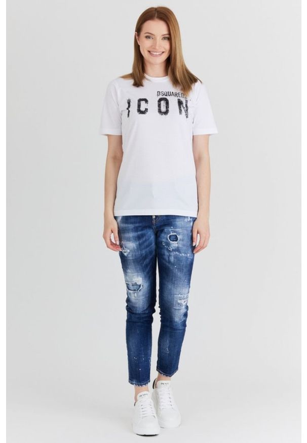 DSQUARED2 Biały t-shirt damski icon spray, Rozmiar M. Kolor: biały. Materiał: bawełna, prążkowany. Wzór: nadruk