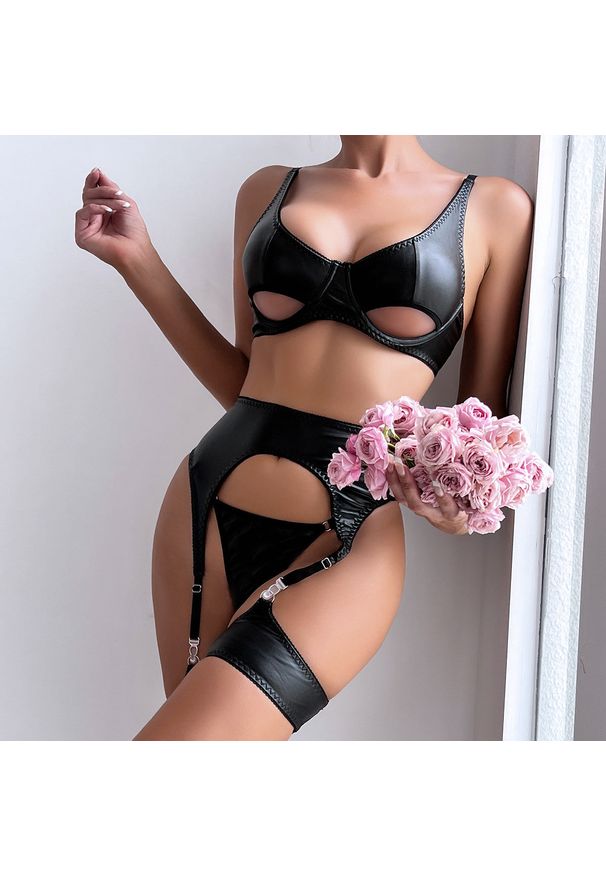 Intica - Komplet bielizny z wycięciami elegancki na specjalne okazje Ghica. Kolor: czarny. Wzór: gładki