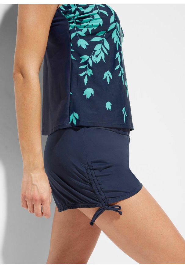 bonprix - Tankini (2 części) z szortami kąpielowymi. Kolor: niebieski. Długość rękawa: na ramiączkach. Wzór: nadruk, aplikacja. Styl: elegancki