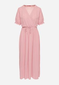 Born2be - Różowa Kopertowa Sukienka z Bawełną i Paskiem Ivellevia. Okazja: na co dzień. Typ kołnierza: dekolt w serek. Kolor: różowy. Materiał: bawełna. Długość rękawa: długi rękaw. Sezon: lato. Typ sukienki: kopertowe. Styl: elegancki, casual, klasyczny #7