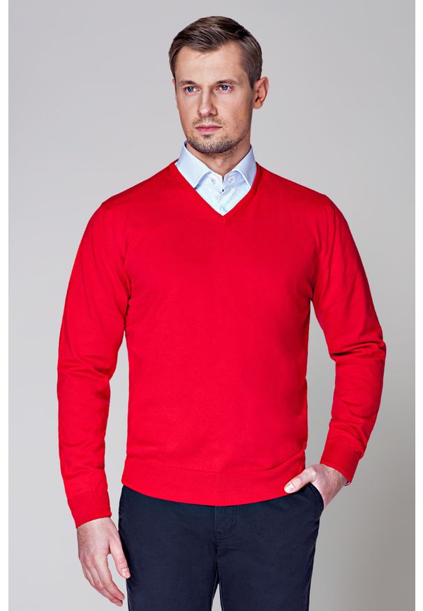 Lancerto - Sweter Bawełniany Matt Czerwony. Typ kołnierza: dekolt w serek. Kolor: czerwony. Materiał: bawełna. Styl: klasyczny