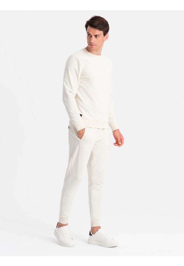 Ombre Clothing - Bawełniany dresowy komplet męski BASIC bluza nierozpinana + joggery – kremowy V5. Kolor: kremowy. Materiał: bawełna, dresówka. Wzór: jednolity