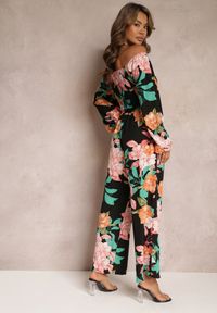 Renee - Czarny 2-częściowy Komplet Bluzka z Długim Rękawem Szerokie Spodnie z Gumką w Pasie w Kwiaty Calaq. Kolor: czarny. Materiał: materiał. Wzór: kwiaty #5