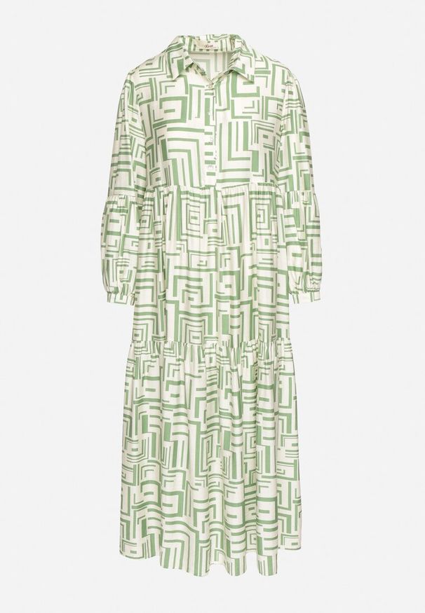 Born2be - Zielona Rozkloszowana Sukienka Koszulowa z Wiskozą w Geometryczny Wzór Alineria. Okazja: na co dzień. Kolor: zielony. Materiał: wiskoza. Wzór: geometria. Typ sukienki: koszulowe. Styl: casual, elegancki, klasyczny