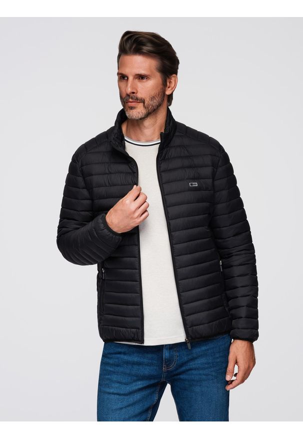 Ombre Clothing - Klasyczna kurtka męska pikowana z możliwością pakowania w worek - czarna V1 - Rozmiar: M. Typ kołnierza: kołnierzyk stójkowy. Kolor: czarny. Materiał: poliester, materiał, nylon. Styl: klasyczny