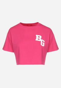 Born2be - Fuksjowy Bawełniany T-shirt Oversize o Krótkim Kroju Zariona. Okazja: na co dzień. Kolor: różowy. Materiał: bawełna. Długość: krótkie. Wzór: aplikacja. Styl: klasyczny, casual, elegancki