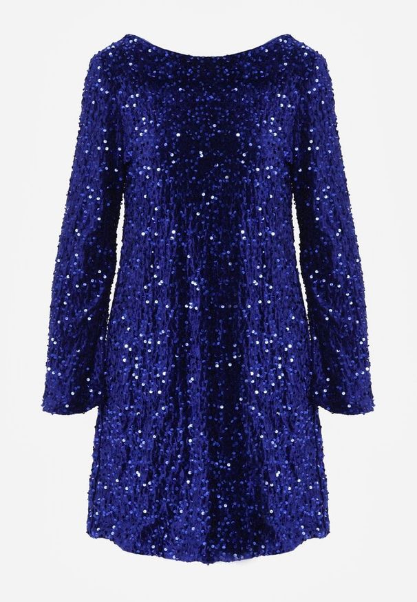 Born2be - Niebieska Cekinowa Sukienka z Odkrytymi Plecami i Wiązaniem Diadina. Kolor: niebieski. Materiał: elastan, wiskoza, futro. Wzór: aplikacja. Styl: elegancki, wizytowy