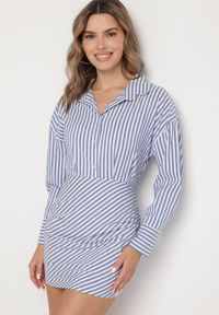 Born2be - Niebieska Koszulowa Sukienka w Paski o Dopasowanym Kroju Meveira. Okazja: na imprezę. Typ kołnierza: kołnierzyk klasyczny. Kolor: niebieski. Długość rękawa: długi rękaw. Wzór: paski. Typ sukienki: koszulowe. Styl: klasyczny #1