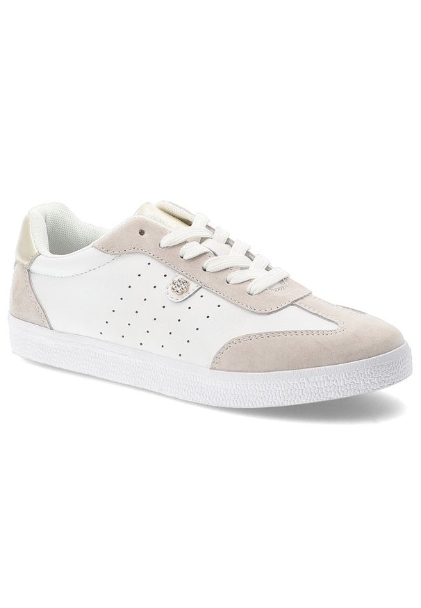 Sneakersy damskie S.Barski, sportowe ze skóry naturalnej wstawki zamszowe perforowana cholewka sznurowane lekka podeszwa casual, białe, LR61-7091. Okazja: na co dzień. Zapięcie: sznurówki. Kolor: biały. Materiał: skóra, zamsz. Szerokość cholewki: normalna. Sport: turystyka piesza