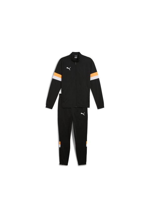 Puma - Męski dres piłkarski individualRISE PUMA Black Heat Fire Orange. Kolor: wielokolorowy, żółty, czarny, pomarańczowy. Materiał: dresówka. Sport: piłka nożna