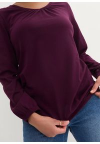 bonprix - Bluzka bawełniana z czystej bawełny z długim rękawem i gumką. Typ kołnierza: dekolt w serek. Kolor: fioletowy. Materiał: bawełna. Długość rękawa: długi rękaw. Długość: długie #3