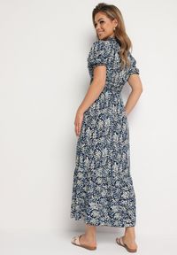 Born2be - Granatowa Bawełniana Sukienka z Bufiastymi Rękawami z Gumką w Talii i Falbaną Vimaliana. Okazja: na co dzień, na spacer. Typ kołnierza: dekolt w kształcie V. Kolor: niebieski. Materiał: bawełna. Styl: klasyczny, casual, elegancki #6