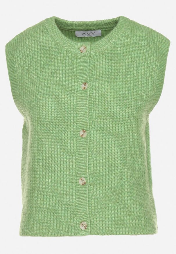Born2be - Zielona Dzianinowa Kamizelka z Wełną Zapinana na Guziki Savaras. Okazja: na co dzień. Kolor: zielony. Materiał: wełna, dzianina. Styl: casual, elegancki