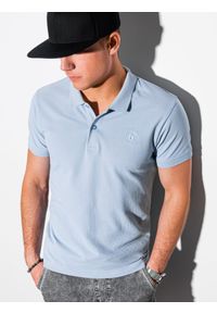 Ombre Clothing - Koszulka męska polo z dzianiny pique - jasnoniebieski V17 S1374 - XXL. Typ kołnierza: polo. Kolor: niebieski. Materiał: dzianina. Wzór: haft. Styl: klasyczny