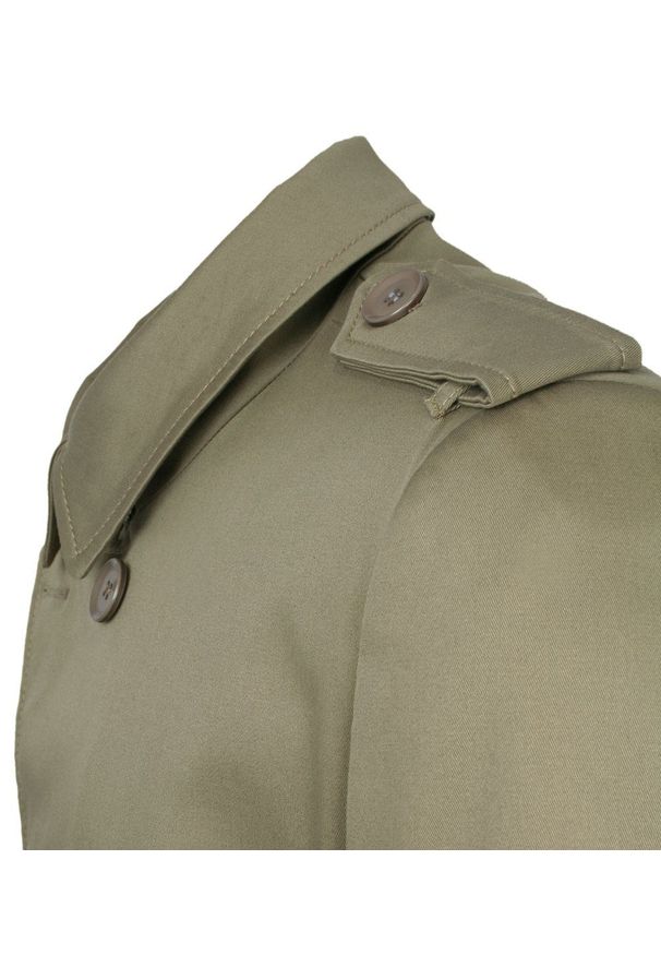 Płaszcz Trencz, Beżowo-Oliwkowy Elegancki, Dwurzędowy, na Guziki, Wiosenno-Jesienny -JaniMen. Kolor: brązowy, beżowy, wielokolorowy. Materiał: poliester, tkanina. Sezon: wiosna, jesień. Styl: elegancki