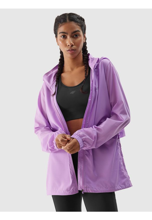 4f - 4F Kurtka do biegania szybkoschnąca damska - fioletowa XXL. Typ kołnierza: kołnierzyk stójkowy, kaptur. Kolor: fioletowy. Materiał: tkanina, włókno, dzianina, materiał. Długość: krótkie. Sport: bieganie
