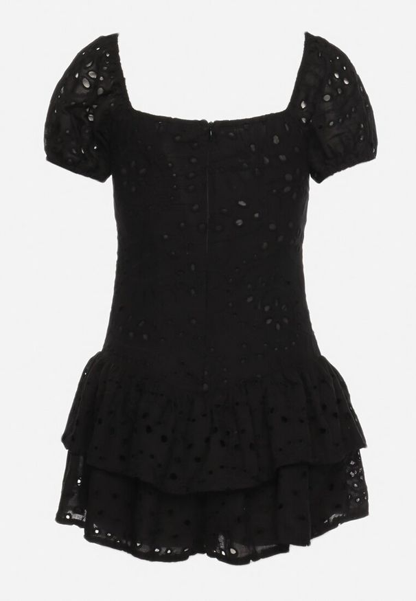 Born2be - Czarny Koronkowy Kombinezon z Bawełny o Rozkloszowanym Fasonie Asicarda. Kolor: czarny. Materiał: bawełna, koronka. Długość rękawa: krótki rękaw. Długość: krótkie