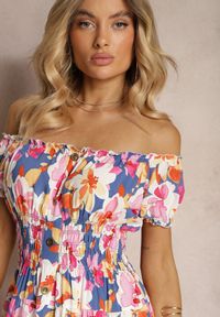 Renee - Niebiesko-Różowa Taliowana Sukienka z Bawełny Wykończona Gumką w Talii i Guzikami Nelianne. Kolor: niebieski. Materiał: bawełna. Sezon: lato #5