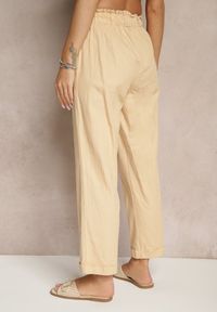 Renee - Beżowe Spodnie z Bawełny High Waist z Wiązaniem Tyswia. Okazja: na co dzień. Stan: podwyższony. Kolor: beżowy. Materiał: bawełna. Styl: casual, elegancki