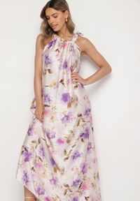 Born2be - Fioletowa Satynowa Sukienka w Kwiaty Fenaresia. Okazja: na co dzień, na spacer. Kolor: fioletowy. Materiał: satyna. Długość rękawa: na ramiączkach. Wzór: kwiaty. Sezon: lato. Typ sukienki: proste. Styl: casual, elegancki #2