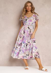 Renee - Fioletowa Rozkloszowana Sukienka Midi z Krótkimi Rękawami z Wiskozy Furri. Kolor: fioletowy. Materiał: wiskoza. Długość rękawa: krótki rękaw. Długość: midi #1