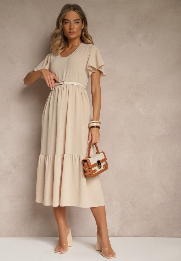 Renee - Jasnobeżowa Rozkloszowana Sukienka z Wiskozą w Casualowym Stylu Filarenna. Okazja: na co dzień. Typ kołnierza: dekolt w serek. Kolor: beżowy. Materiał: wiskoza. Długość rękawa: krótki rękaw. Styl: elegancki, casual, klasyczny