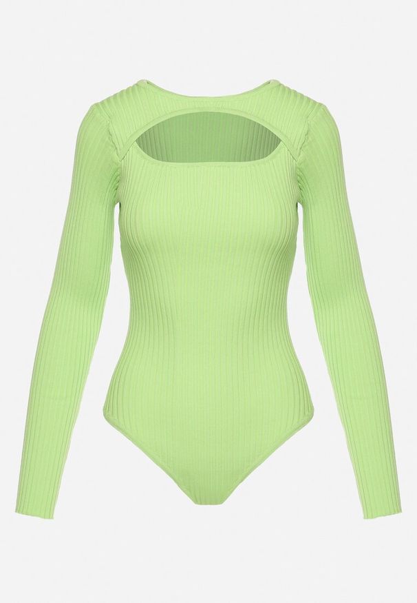 Born2be - Jasnozielone Body Prążkowane z Wycięciem na Dekolcie Volfi. Kolor: zielony. Materiał: prążkowany. Styl: klasyczny