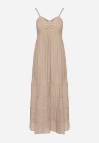 Born2be - Beżowa Sukienka z Bawełną na Regulowanych Ramiączkach z Elastyczną Gumką na Plecach Tinathias. Okazja: na co dzień, na spacer. Kolor: beżowy. Materiał: bawełna. Długość rękawa: na ramiączkach. Sezon: lato. Typ sukienki: proste. Styl: klasyczny, casual #6