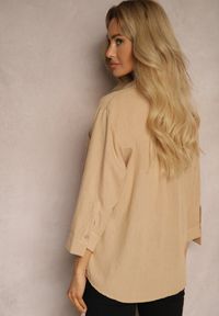Renee - Beżowa Klasyczna Koszula Ozdobiona Kieszenią Zapinana na Guziki z Rękawem 3/4 Nestade. Kolor: beżowy. Wzór: aplikacja. Styl: klasyczny