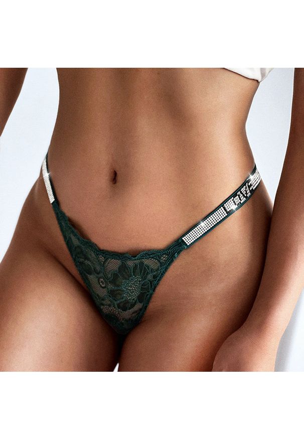 Intica - Stringi koronkowe z ozdobną gumką Masumah. Kolor: zielony. Materiał: koronka. Wzór: koronka