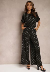 Renee - Czarno-Złoty Casualowy Komplet Długie Spodnie i Bluzka Zakończona Gumką w Pasie Acrinna. Kolor: czarny. Materiał: tkanina #3