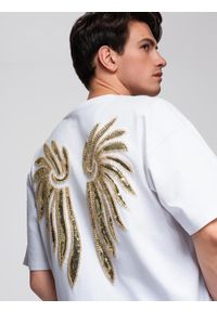Ombre Clothing - Męska bawełniana koszulka z cekinowym motywem skrzydeł na plecach - biała V2 - Rozmiar: XL. Kolor: biały. Materiał: bawełna. Wzór: aplikacja. Styl: elegancki, klasyczny #1