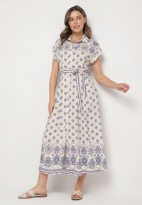 Born2be - Beżowo-Niebieska Koszulowa Sukienka z Wiskozy w Kwiatowy Wzór z Wiązanym Paskiem Iffinara. Okazja: na co dzień, na randkę, na spacer. Kolor: niebieski. Materiał: wiskoza. Długość rękawa: krótki rękaw. Wzór: kwiaty. Typ sukienki: koszulowe. Styl: casual, elegancki, klasyczny #4