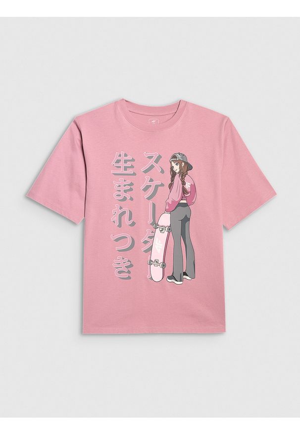 4f - 4F T-shirt oversize z nadrukiem dziewczęcy - różowy 122 (6-7 lat). Kolor: różowy. Materiał: skóra. Wzór: nadruk. Sezon: lato