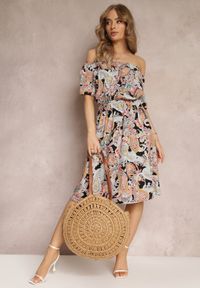 Renee - Beżowo-Czarna Bawełniana Sukienka Hiszpanka z Gumką w Pasie i Wzorem Paisley Temika. Typ kołnierza: dekolt hiszpanka. Kolor: beżowy. Materiał: bawełna. Wzór: paisley #3
