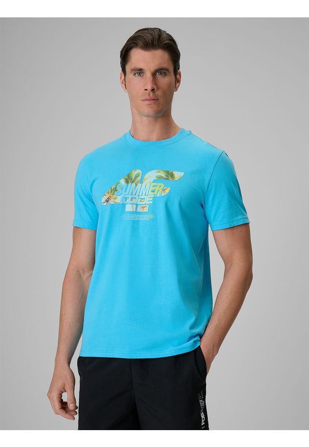 4f - 4F T-shirt regular z nadrukiem męski - niebieski S. Okazja: na co dzień. Kolor: niebieski. Materiał: materiał, bawełna. Długość: długie. Wzór: nadruk. Sezon: lato. Styl: klasyczny, casual