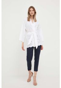 United Colors of Benetton marynarka bawełniana kolor biały niezapinana. Kolor: biały. Materiał: bawełna. Wzór: haft #4
