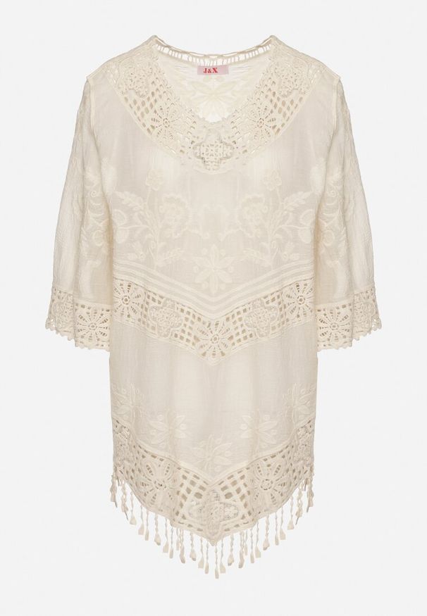 Born2be - Jasnobeżowa Bawełniana Bluzka Oversize w Stylu Boho z Haftem i Koroną Maivienne. Okazja: na co dzień. Typ kołnierza: dekolt w serek. Kolor: beżowy. Długość: krótkie. Wzór: haft. Materiał: bawełna. Długość rękawa: krótki rękaw. Sezon: lato, wiosna. Styl: boho
