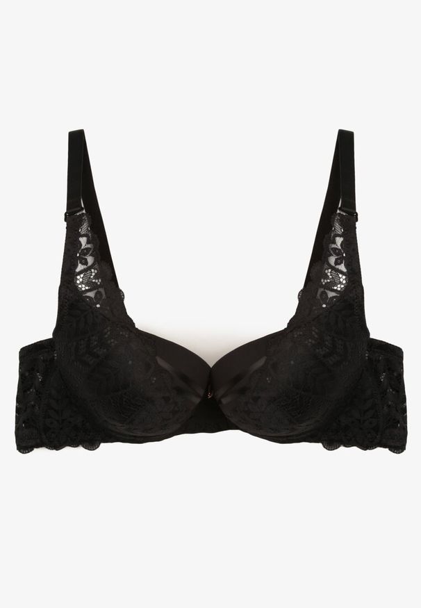 Renee - Czarny Biustonosz z Efektem Push Up Ozdobiony Koronką Ivmeria. Kolor: czarny. Materiał: koronka. Rodzaj stanika: push-up. Wzór: aplikacja, koronka