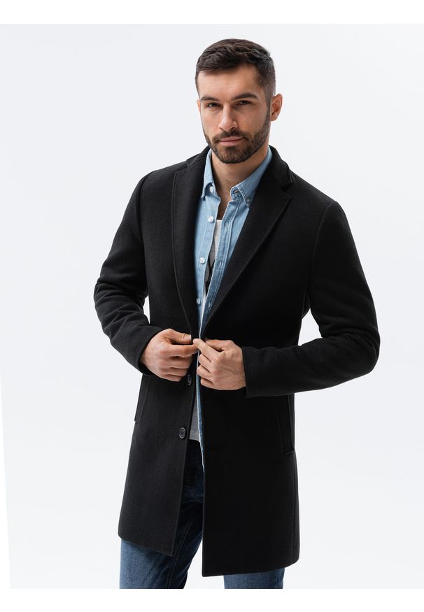 Ombre Clothing - Klasyczny płaszcz męski - czarny V1 C536 - XL. Kolor: czarny. Materiał: poliester. Styl: klasyczny
