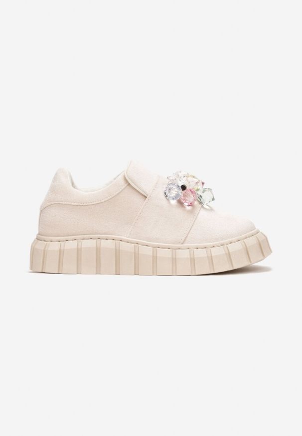 Born2be - Beżowe Wsuwane Sneakersy z Kolorowymi Kryształkami Phedara. Okazja: na co dzień. Zapięcie: bez zapięcia. Kolor: beżowy. Materiał: jeans. Wzór: kolorowy. Obcas: na płaskiej podeszwie