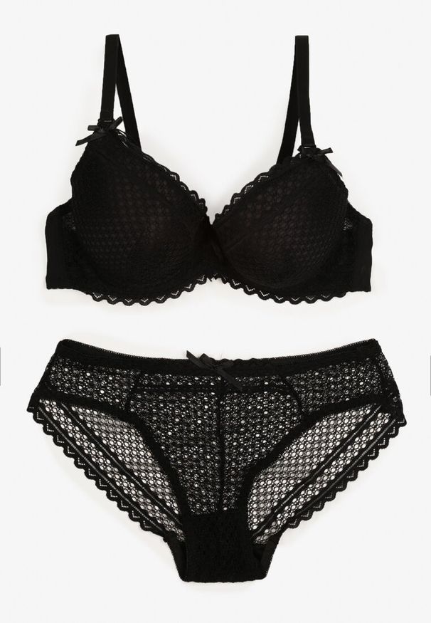 Born2be - Czarny Komplet Koronkowy Biustonosz Full Cup i Majtki Figi Irithiana. Kolor: czarny. Materiał: koronka. Wzór: aplikacja, koronka