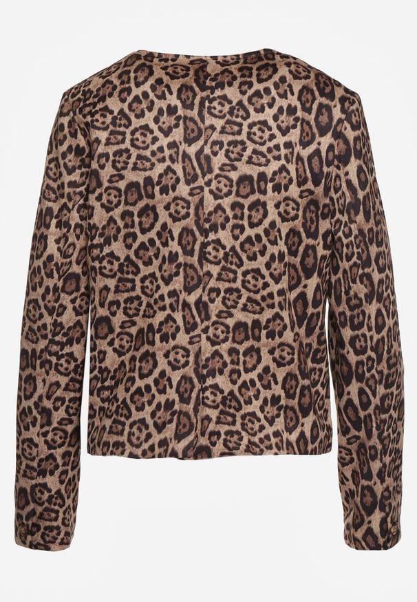 Renee - Beżowa Marynarka Ozdobiona Panterkowym Printem Enavel. Okazja: na spotkanie biznesowe, do pracy. Kolor: beżowy. Wzór: nadruk, aplikacja. Styl: biznesowy, elegancki, klasyczny
