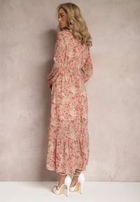 Renee - Beżowo-Różowa Sukienka Rozkloszowana w Kwiaty z Gumką w Pasie Bledareta. Kolor: beżowy. Materiał: materiał. Wzór: kwiaty #5