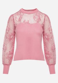 Born2be - Różowy Sweter z Długim Koronkowym Rękawem Vintta. Kolor: różowy. Materiał: koronka. Długość rękawa: długi rękaw. Długość: długie