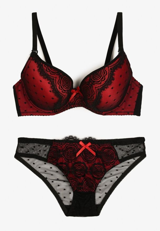Born2be - Czarno-Czerwony Koronkowy Komplet Biustonosz i Figi Ozdobione Kokardą Iririth. Kolor: czarny. Materiał: koronka. Wzór: aplikacja