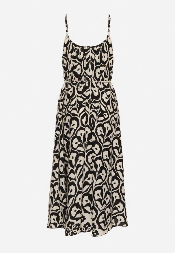 Born2be - Czarno-Biała Sukienka na Cienkich Ramiączkach o Trapezowym Kroju z Wiązaniem na Troczek Cavriella. Okazja: na co dzień. Kolor: czarny. Długość rękawa: na ramiączkach. Sezon: lato. Typ sukienki: trapezowe. Styl: casual, elegancki, klasyczny