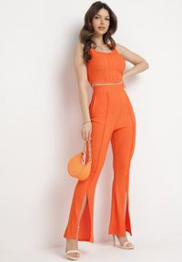 Born2be - Pomarańczowy Elegancki Komplet Prążkowany z Topem i Spodniami Dzwony Laneri. Kolor: pomarańczowy. Materiał: prążkowany. Wzór: prążki #7